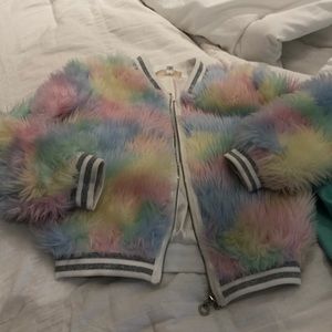 Girls sz 6 fuzzy faux fur rainbow pastel jacket like new barely worn